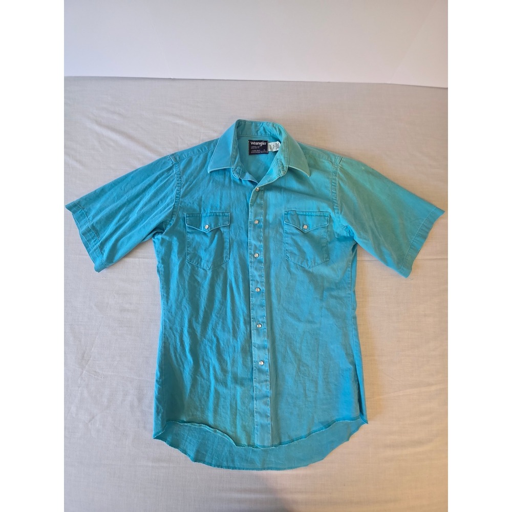Wrangler Brushpopper Short Sleeve Shirt Cowboy Cut Pearl Snap 15 Blue Vintage